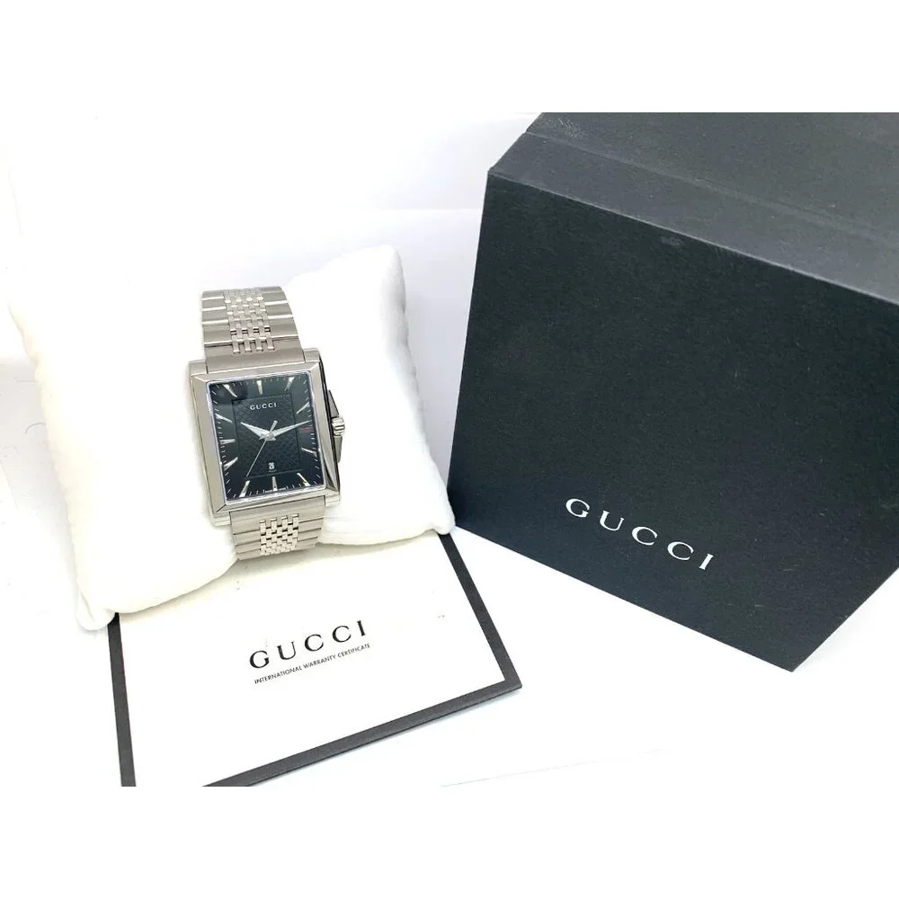 Gucci Men's Watch YA138401 G-Timeless Swiss Quartz Black Dial Silver Steel Tank
